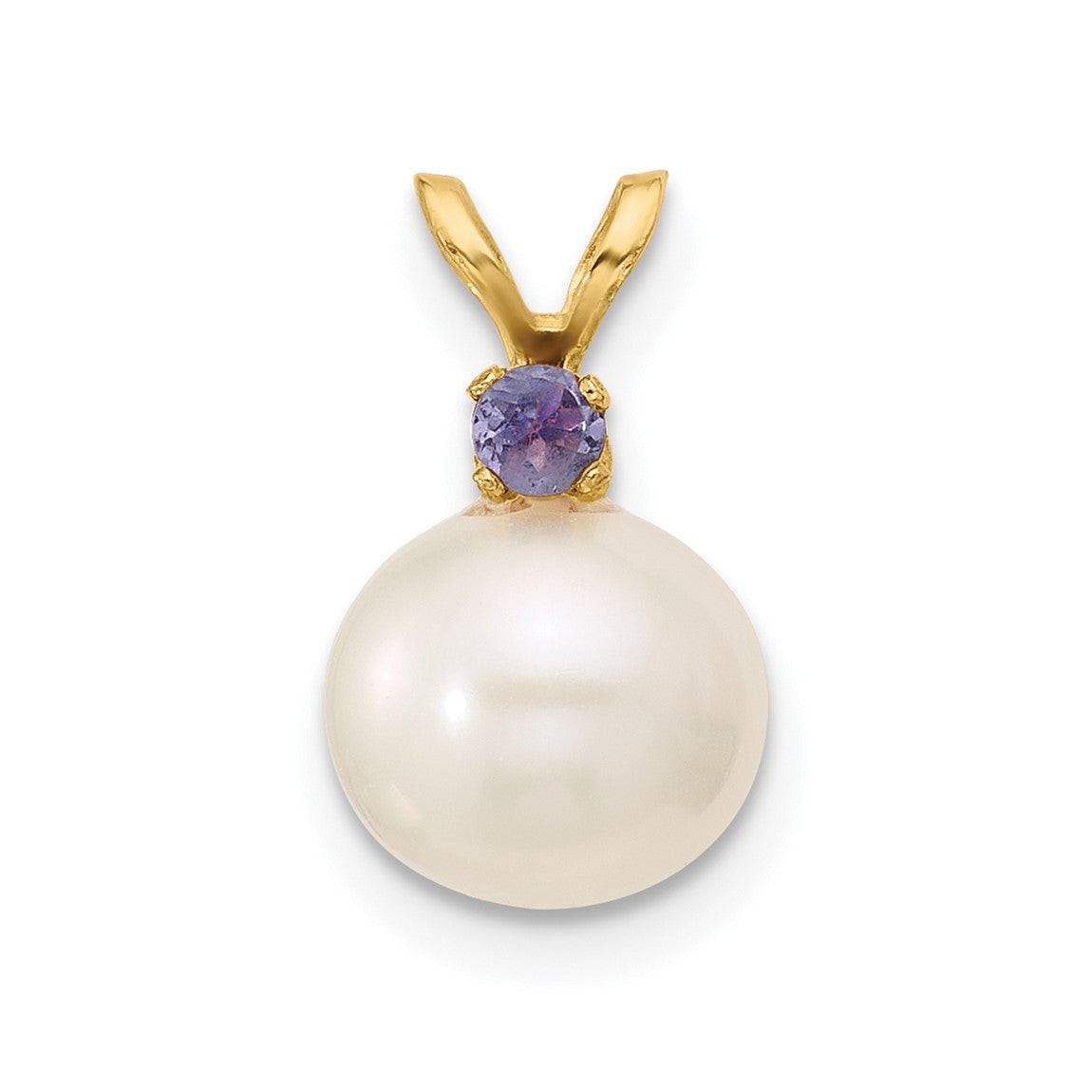14K Yellow Gold Tanzanite 8-8.5mm White Round Freshwater Cultured Pearl Pendant