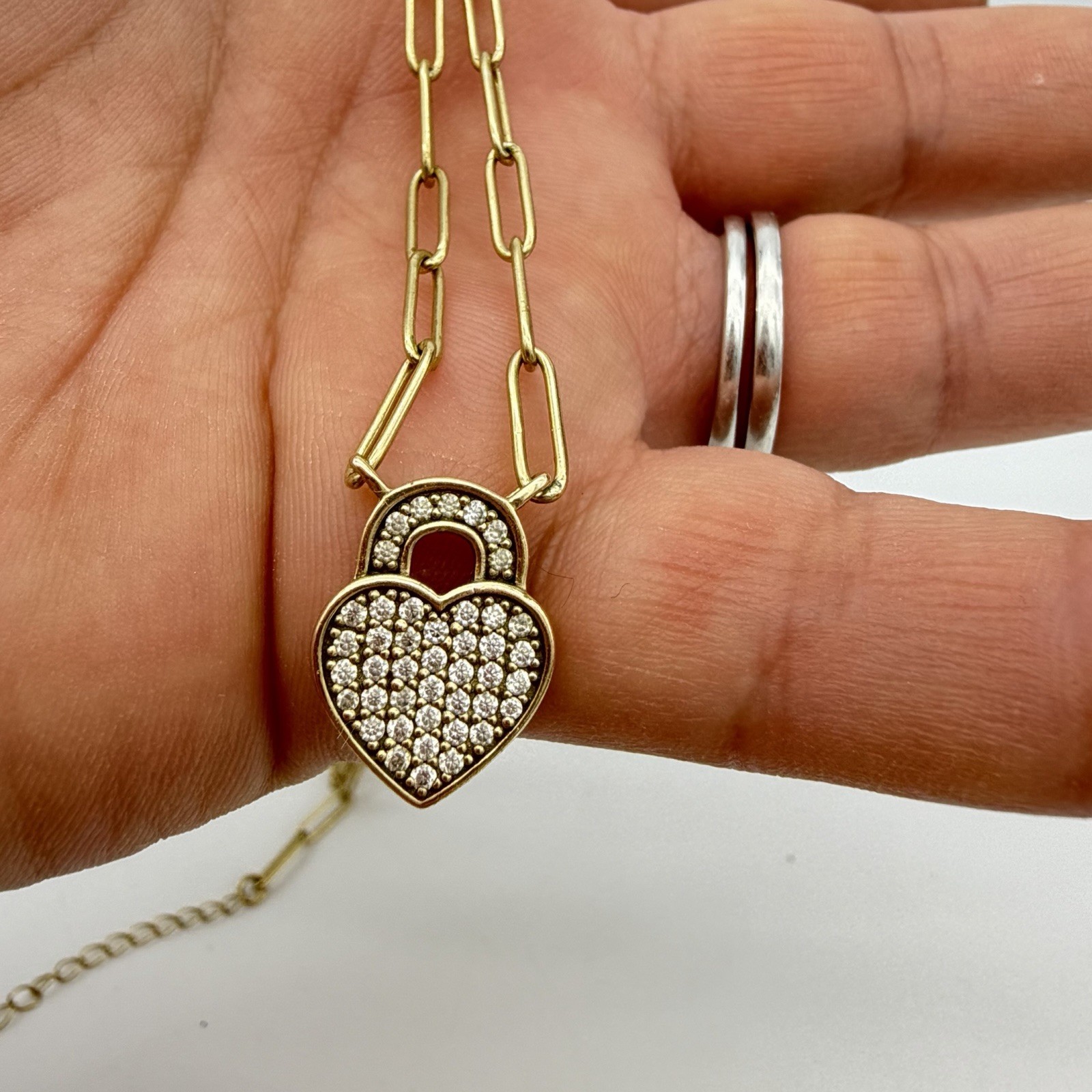 Vtg Sterling Over Gold Pave Diamond Heart Necklace Paper Clip Chain