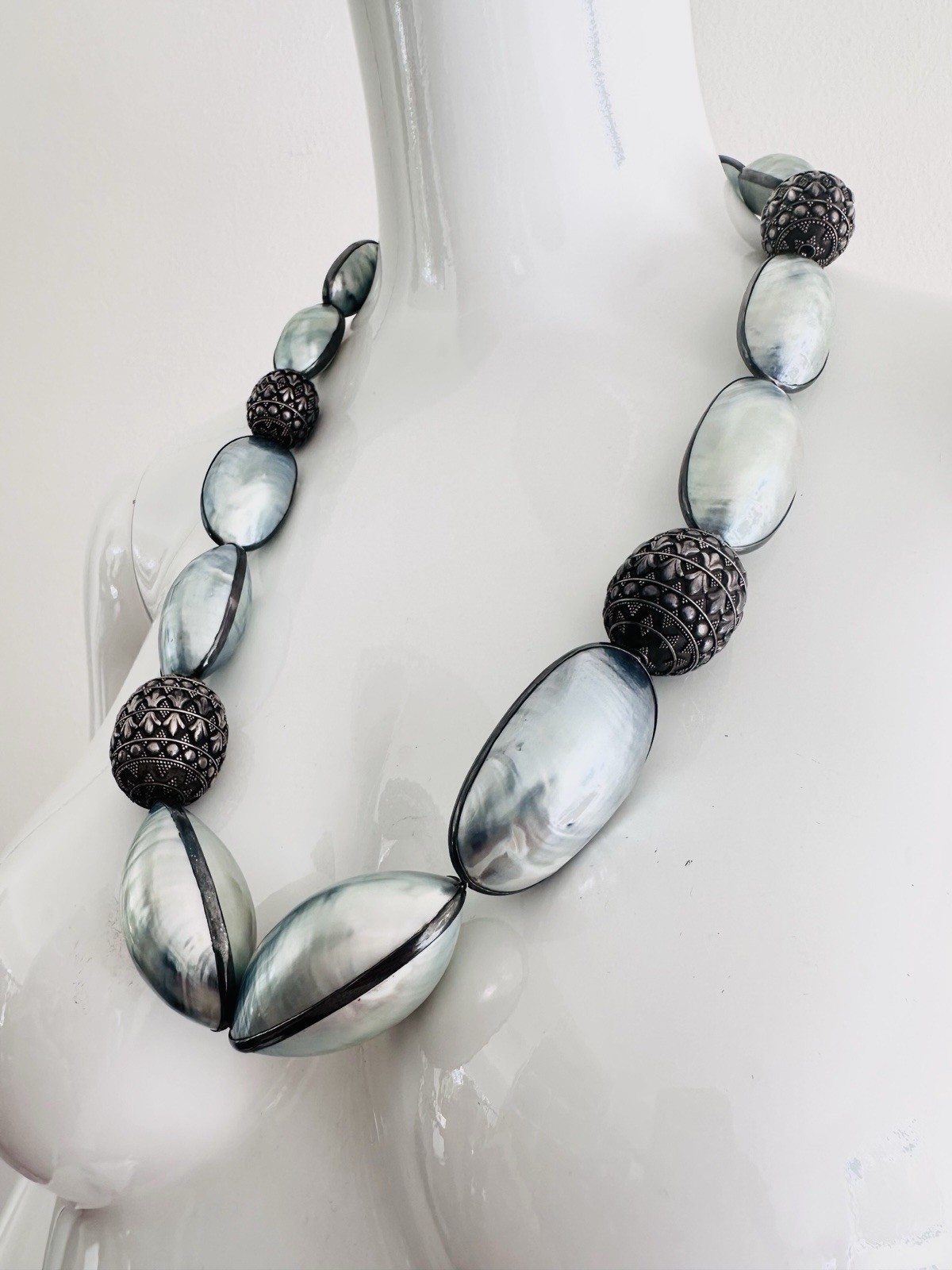 Rare Nautilus Osmena Pearl Antique 925 Silver Necklace 70cm Blue-Gray Iridescent