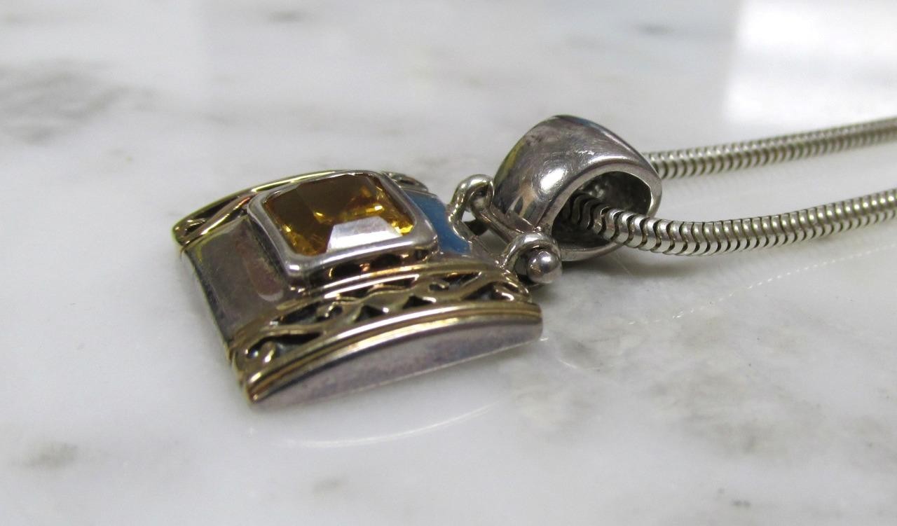 Unknown Yellow Stone Sterling Silver Pendant w/ 16″ Snake Chain ~ 12g ~ 5-K260