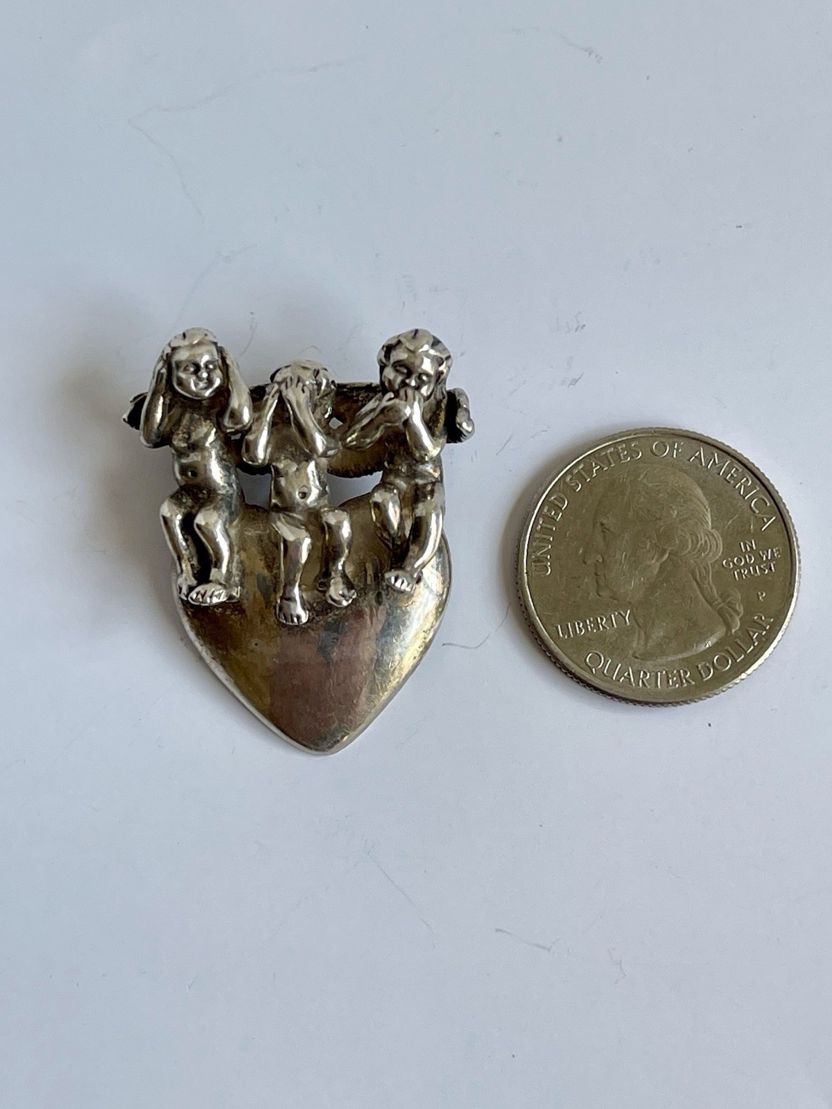 Vintage Sterling Silver 925 KABANA Three Angels Heart Pendant “See No Evil…”