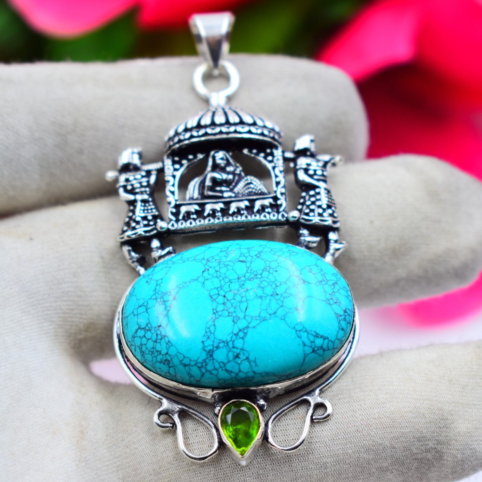 Blue Turquoise Gemstone Handmade 925 Sterling Silver Jewelry Pendant Size-2.25″