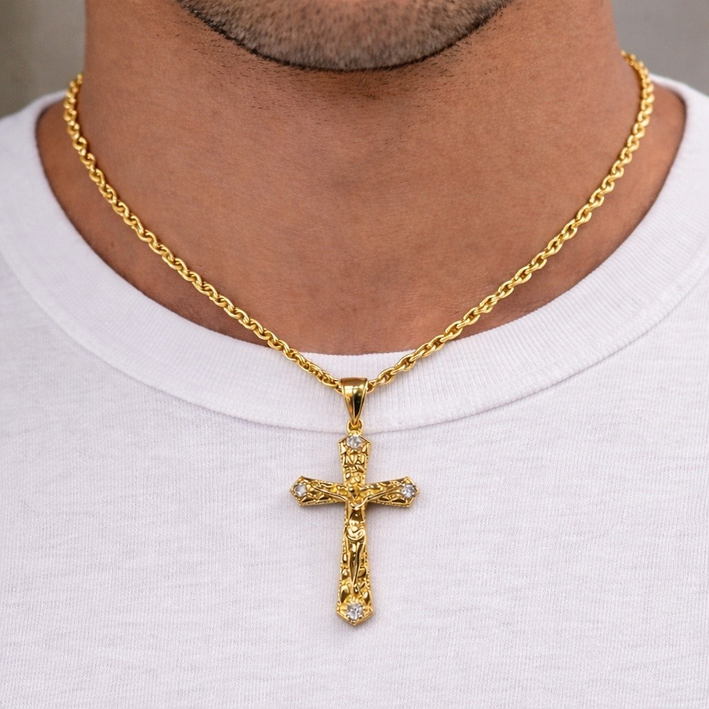 Italian 1/200 14k Yellow Gold Jesus Cross Crucifix Iced CZ Nugget Pendant