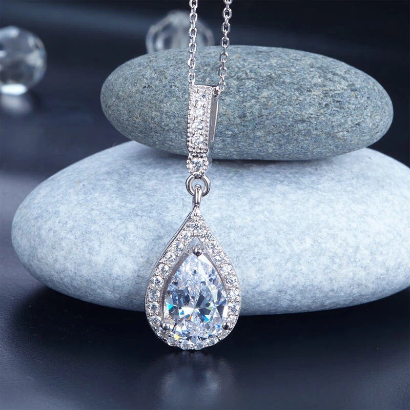 14K White Gold GP 3.00 Carat Pear Cut Diamond Tear Drop Diamond Necklace Pendant