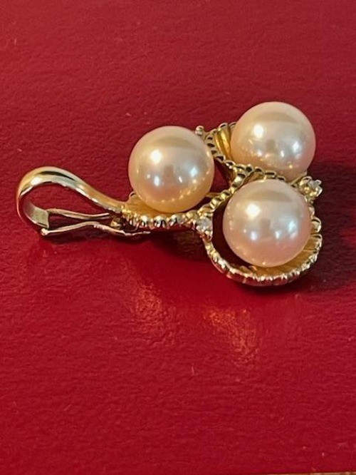 Estate 14k Chinese Three Pearl and Three Diamond Accent Enhancer Pendant 4.8