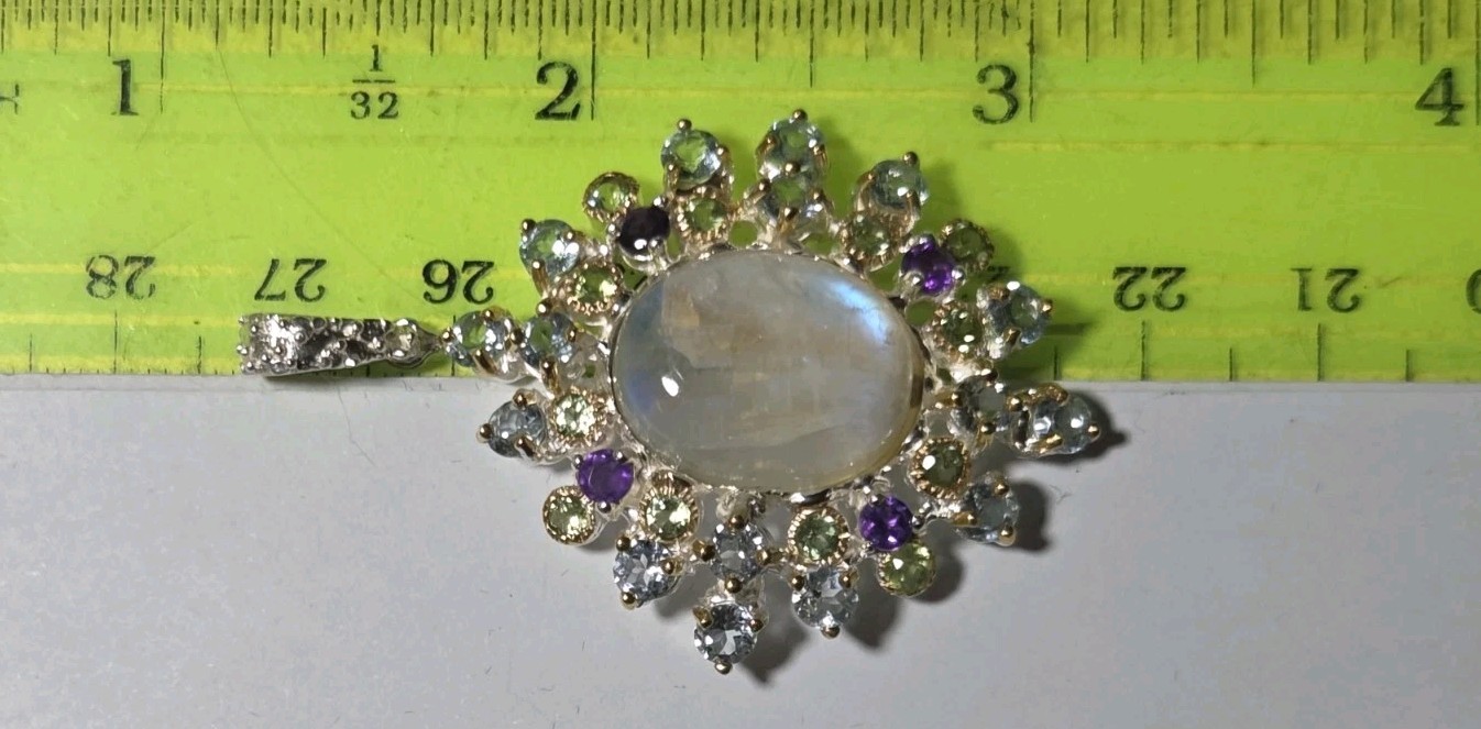 Unique Natural 10 ct Moonstone, Amethyst 925 Sterling Silver Pendant 2411