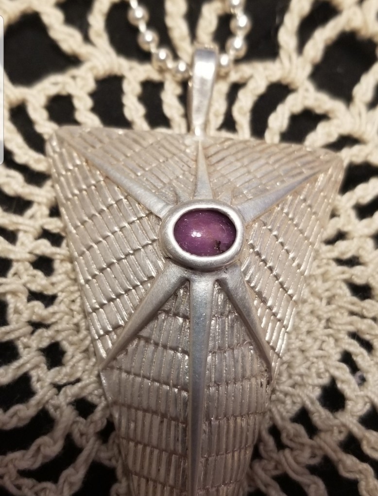WES WILLIE Signed Pendant,.925 Silver Chain Hammered Pyramid All Seeing Red Ruby