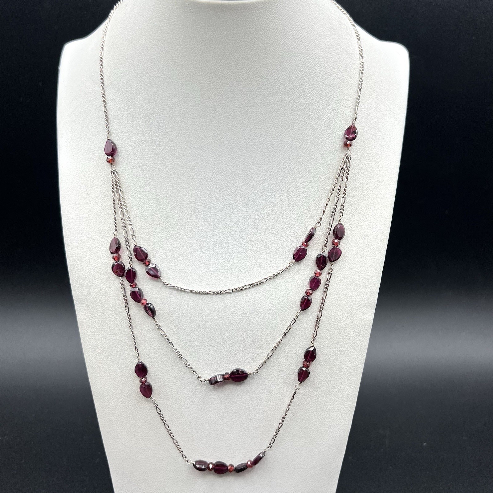 J Jill 925 Sterling Silver Purple Amethyst Necklace Triple Chain Layered Italy