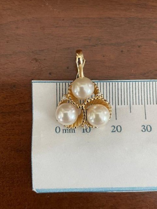 Estate 14k Chinese Three Pearl and Three Diamond Accent Enhancer Pendant 4.8