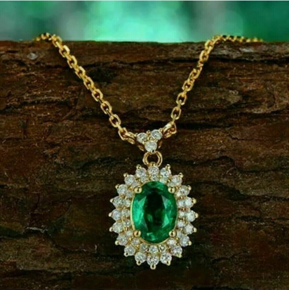 2 Ct Lab Created Emerald Oval Cut Pendant 14K Yellow Gold Finish 18″ Chain
