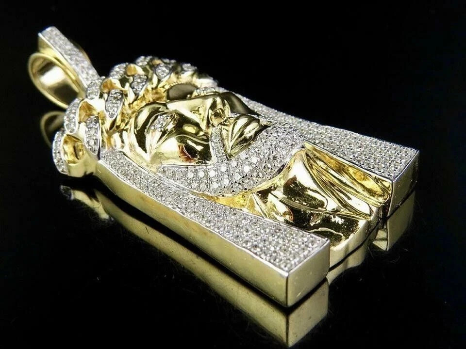 1.10Ct Lab Created Moissanite Jesus Face Pendant Real 10K Yellow Gold Chain