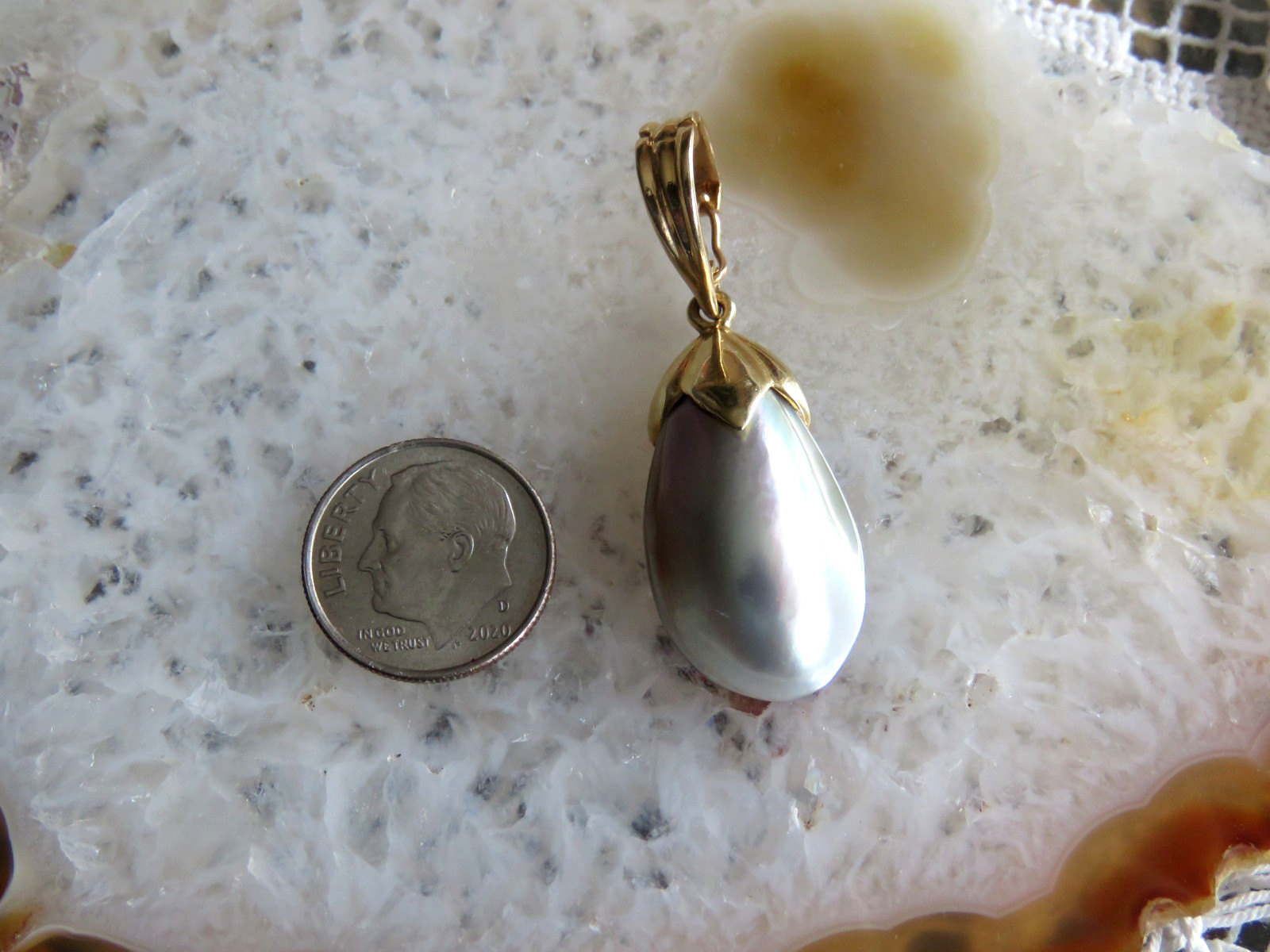 Solid 14K Yellow Gold Enhancer Pendant w/Peacock Pearl Beaded Necklace 53gr 18″