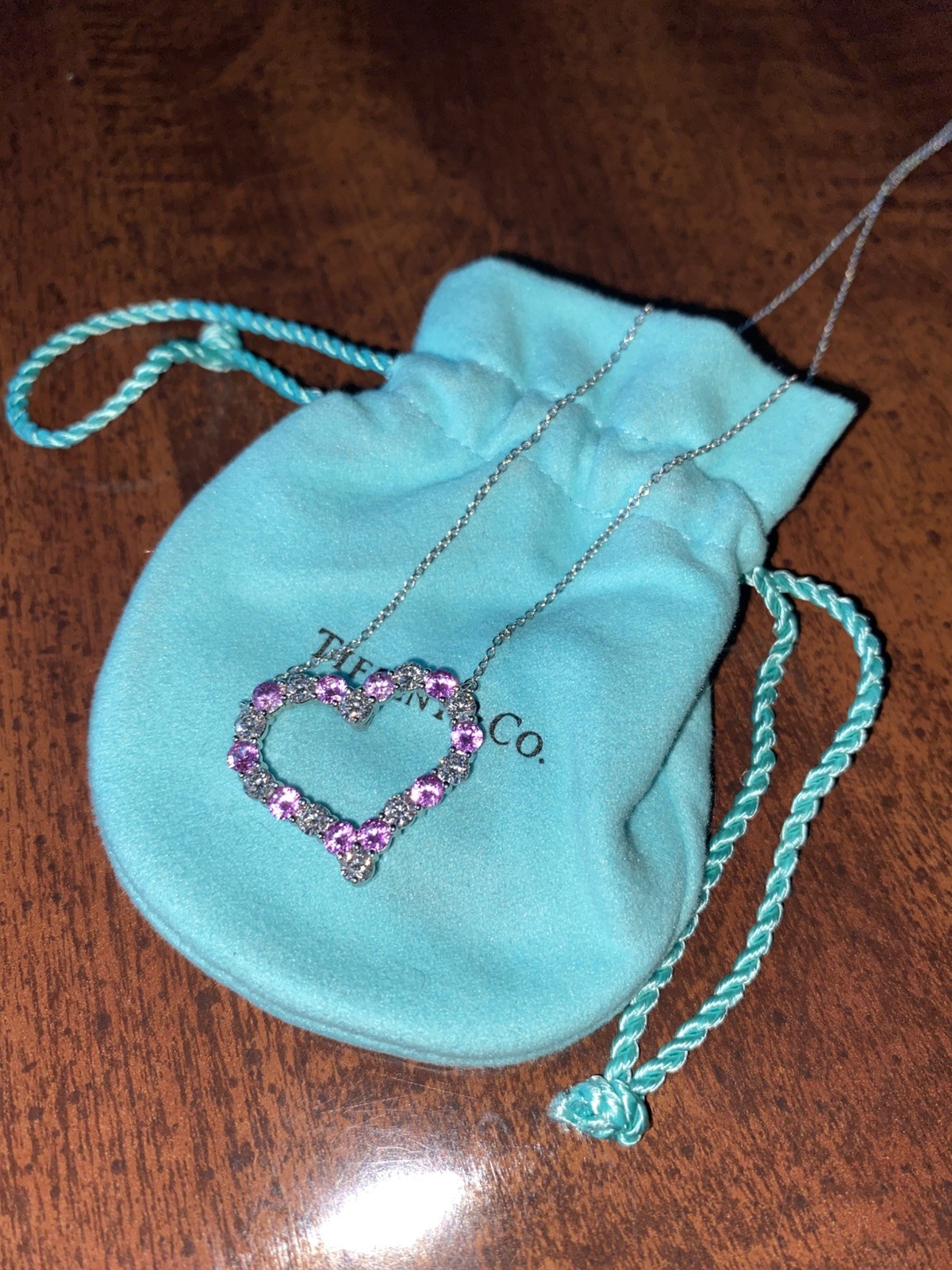 Tiffany & Co. – Platinum Diamond + Pink Sapphire Heart Pendant Necklace – Large