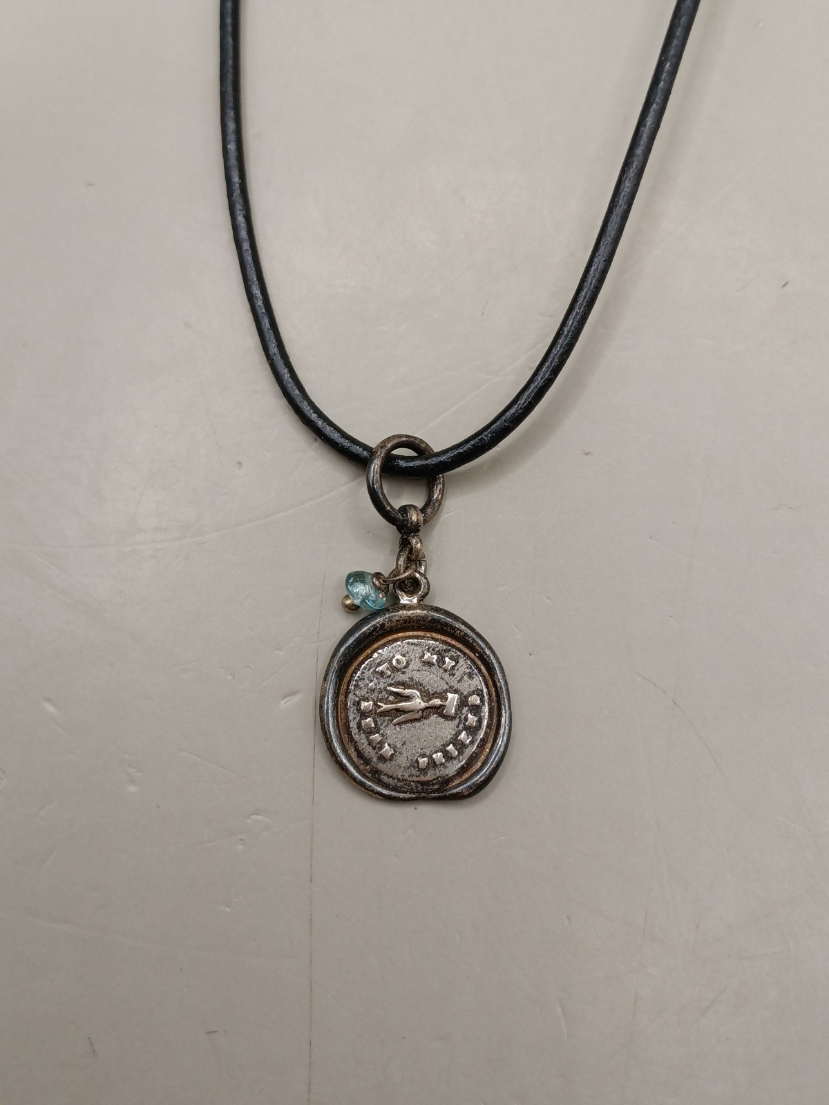 Sterling Silver Stamped Coin Pendant Cord Necklace 17.75″