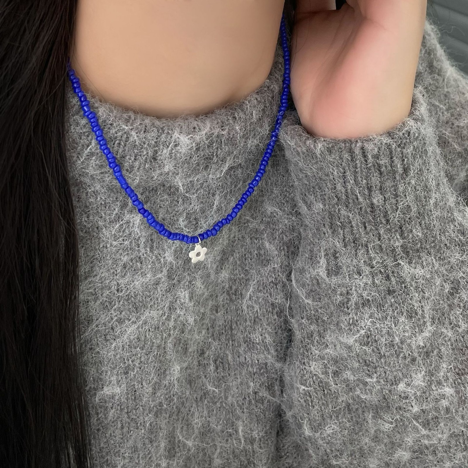 Klein Blue Beaded Choker Necklace S925 Silver Flower Charm Dainty Y2K Jewelry