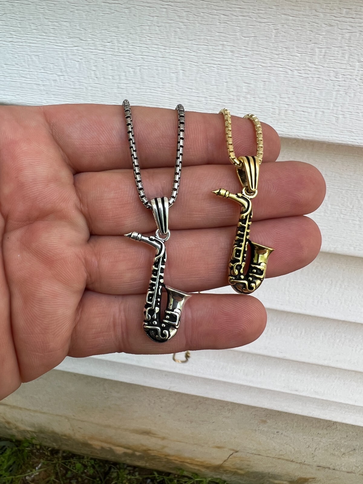 Real 925 Silver / 14k Gold Plated Jazz Saxophone Musical Pendant Necklace Charm
