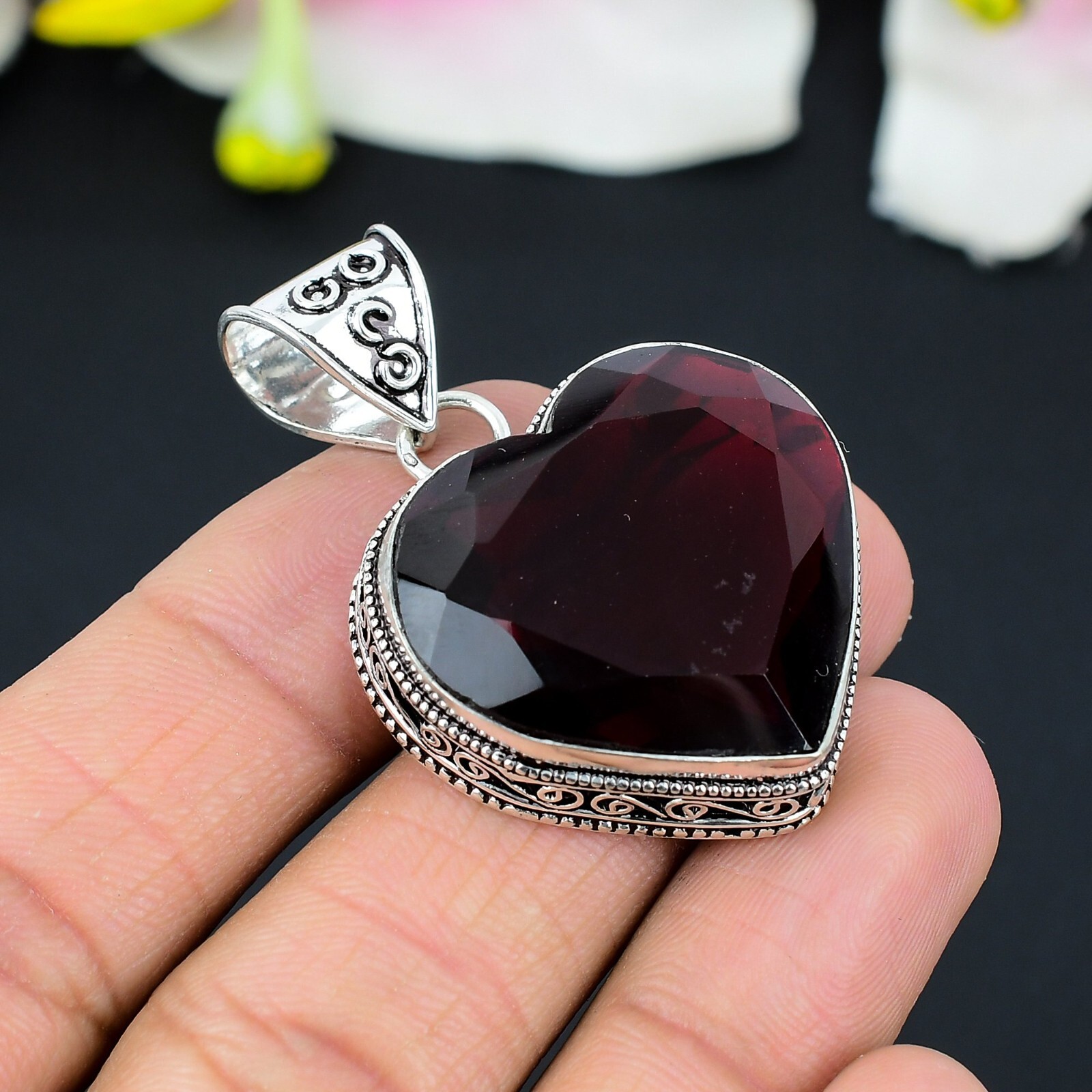 Mozambique Garnet Gemstone 925 Sterling Silver Handmade Pendant Gift 1.8in”