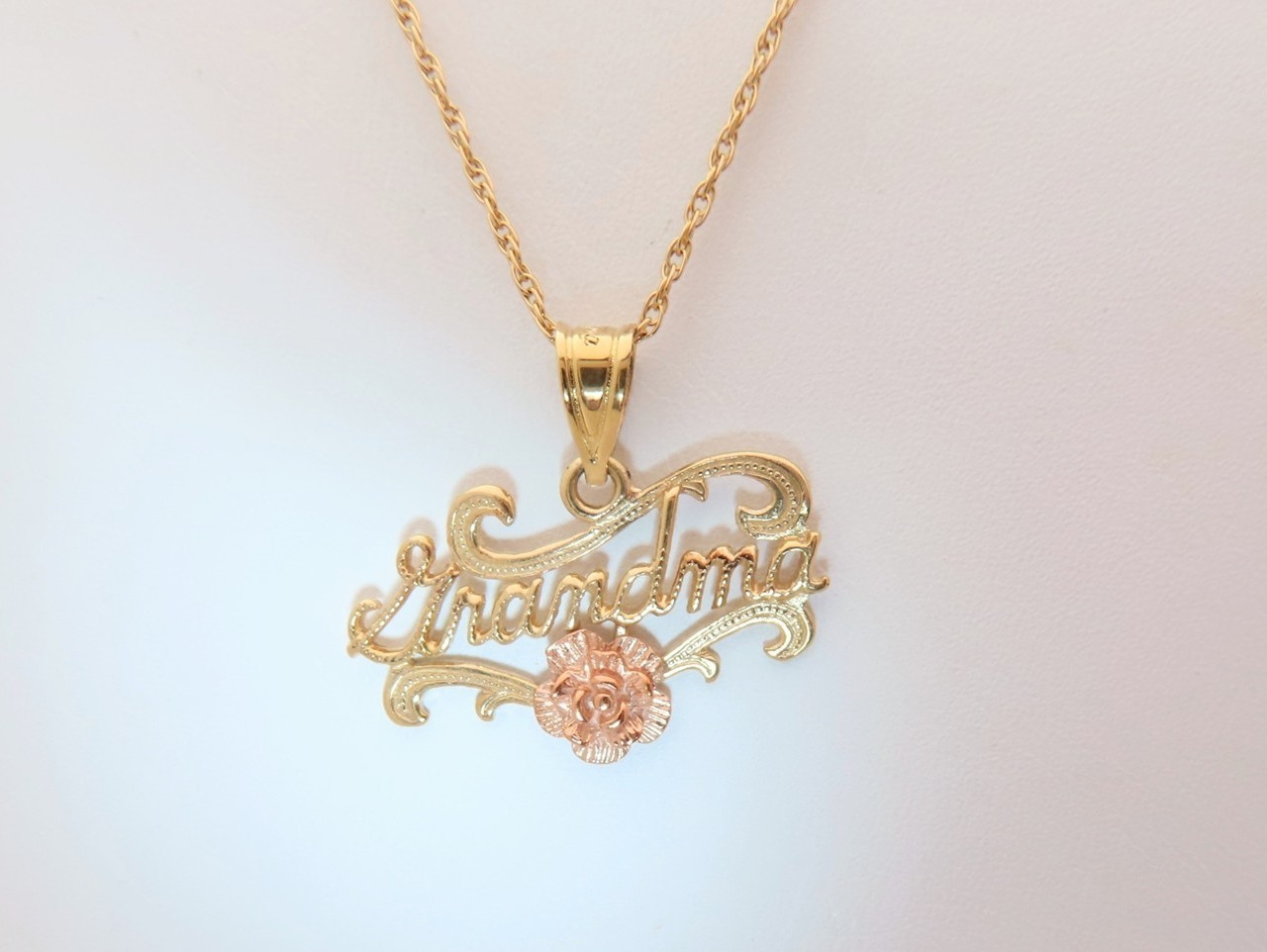 Gold Grandmother Necklace Grandma Jewelry Gift 14K Solid Gold Rose 24″ PN049