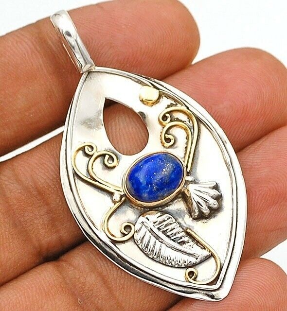 Natural Two Tone Gold In Lapis Lazuli 925 Solid Sterling Silver Pendant
