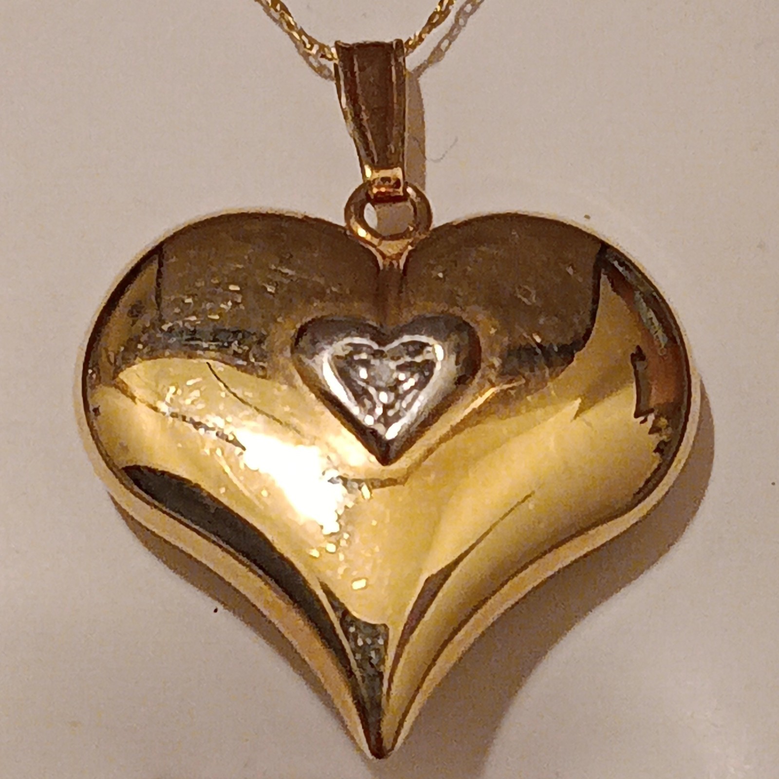 14K Yellow Gold Heart Pendant 10k Chain Necklace w/ 1 Heart Diamond