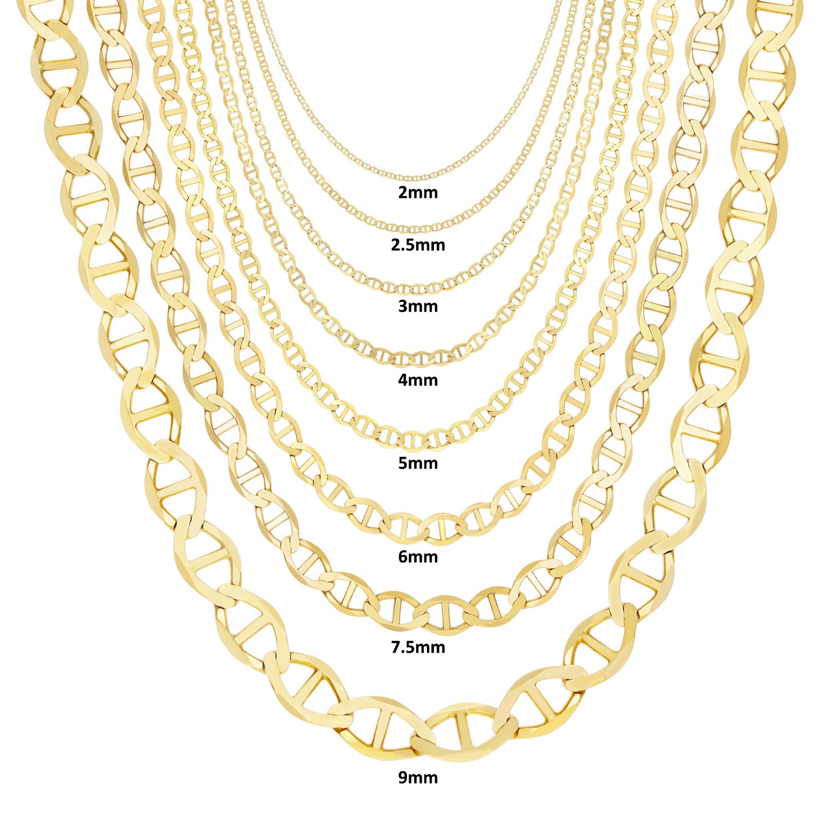 10K Yellow Gold Solid 2mm-9mm Mariner Anchor Flat Link Pendant Necklace 16″- 30″
