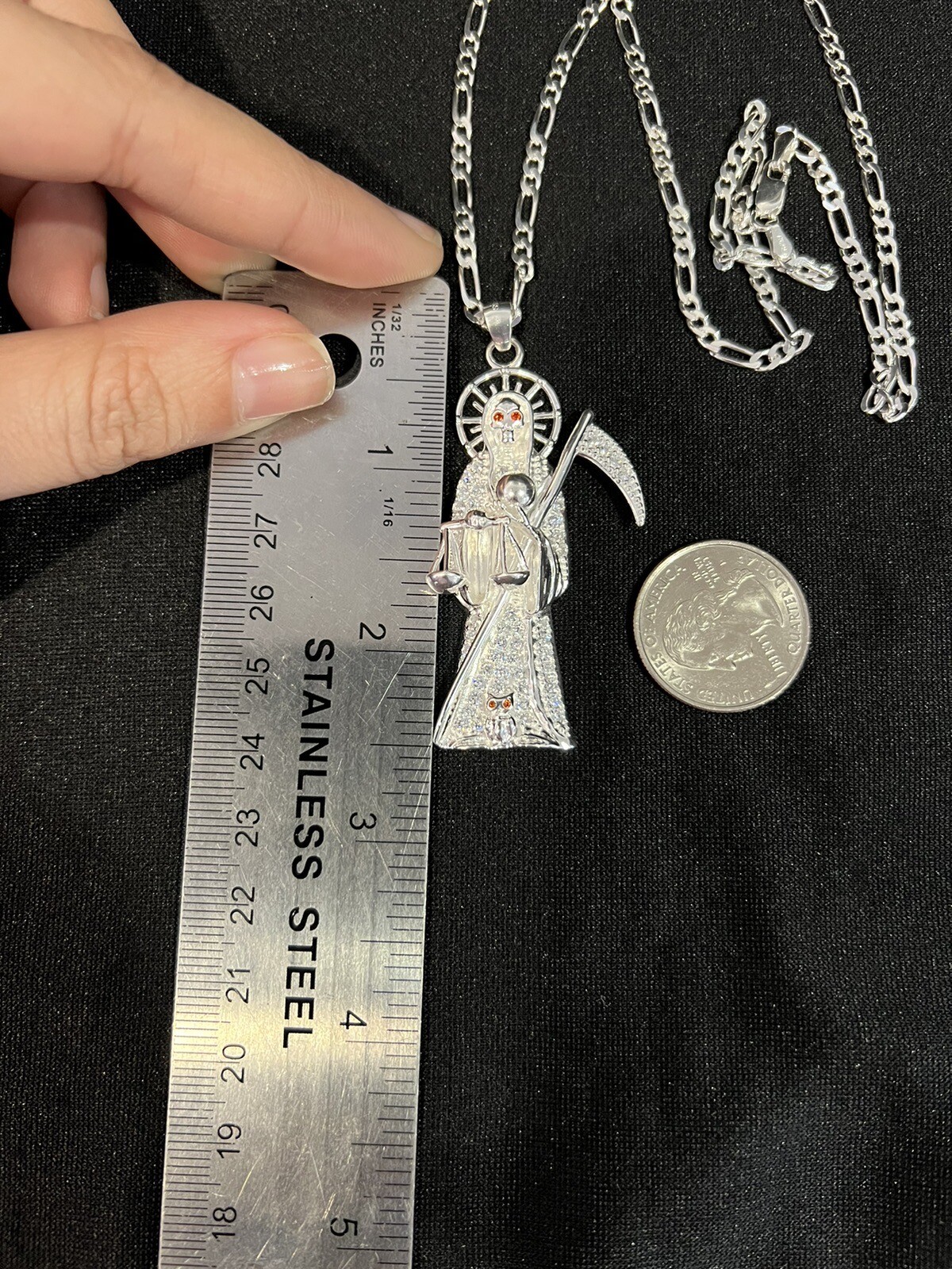 925 Sterling Silver Men CZ Santa Muerte Grim Reaper & Figaro Chain 20 24 30