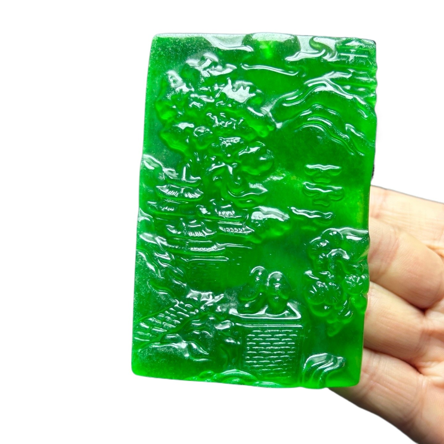 Natural Ice Green Burmese Jadeite Hand Carved Landscape Lucky Pendant Necklace