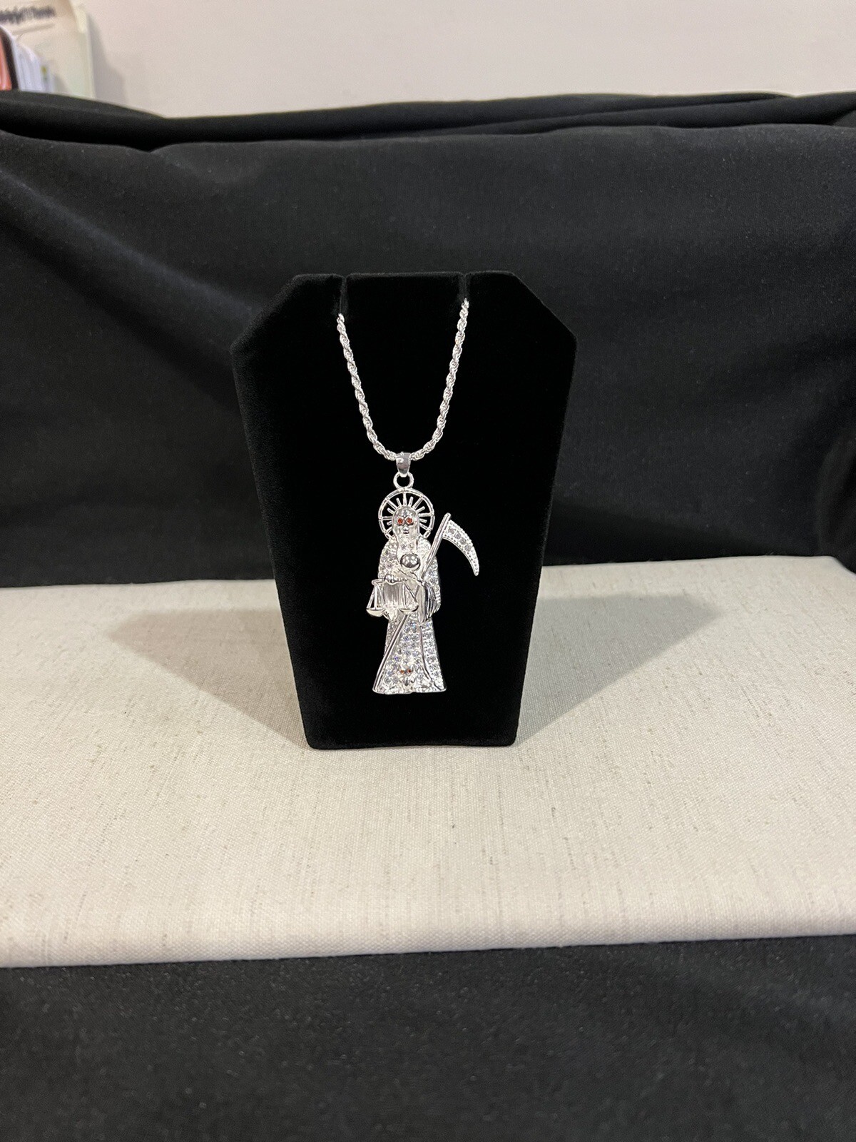 925 Sterling Silver Men Women CZ Santa Muerte Grim Reaper & Rope Chain 20 24 30