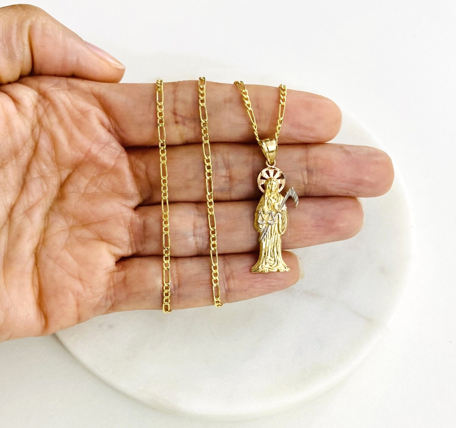 14K SOLID GOLD GRIM REAPER 20″ NECKLACE, 14K SOLID GOLD 34mm SANTA MUERTE – PT97