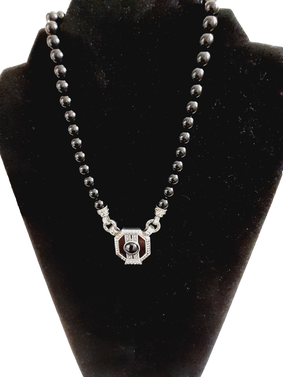 VTG. 925 Sterling Silver Marcasite Signed Judith Jack Blk. Onyx Pendant Necklace