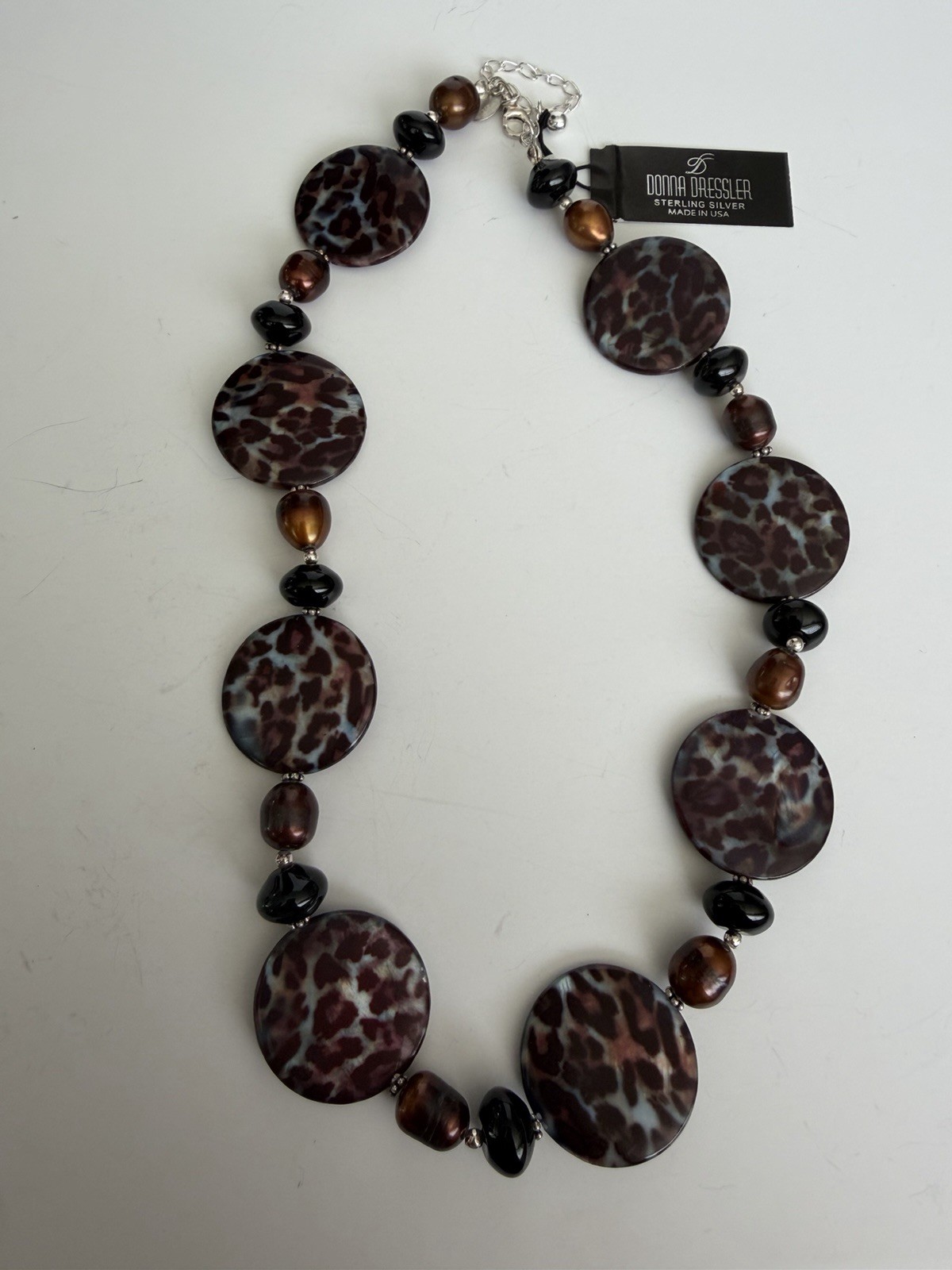 NWT Donna Dressler Leopard Print Agate Necklace 925 Genuine Onyx and Pearls!