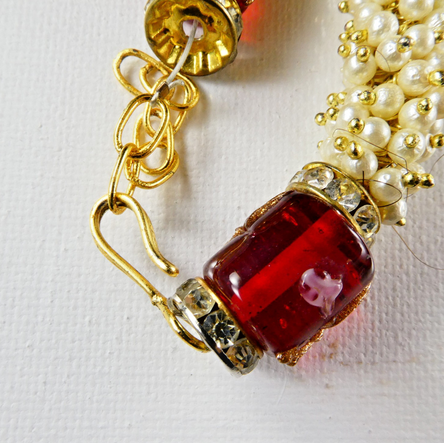 Sterling Silver Garnet Cross Pendant Necklace Red Glass Barrel Beads Crystals