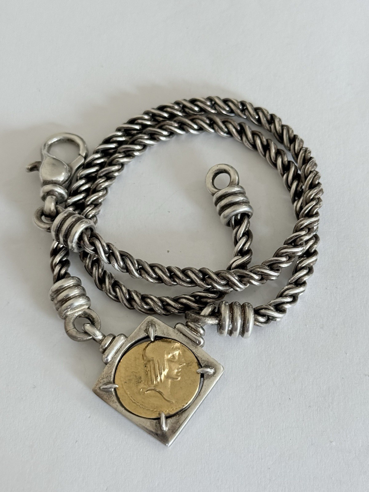 Vintage 925 Sterling Silver Roman Coin Gold Vermeil Chain Necklace 46-Grams