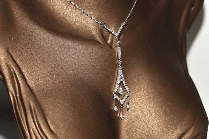 Vintage Style Women’s Elegant Necklace Real Moissanite 14K White Gold Over, 18″
