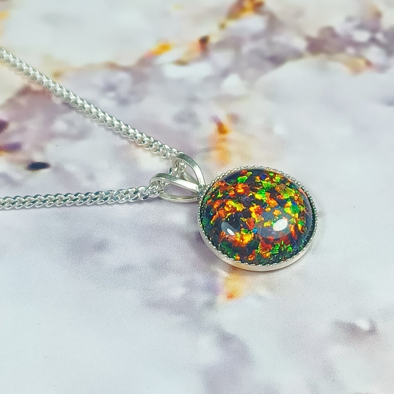 10mm ROUND LAB CREATED BLACK OPAL CABOCHON 925 STERLING SILVER PENDANT CHAIN
