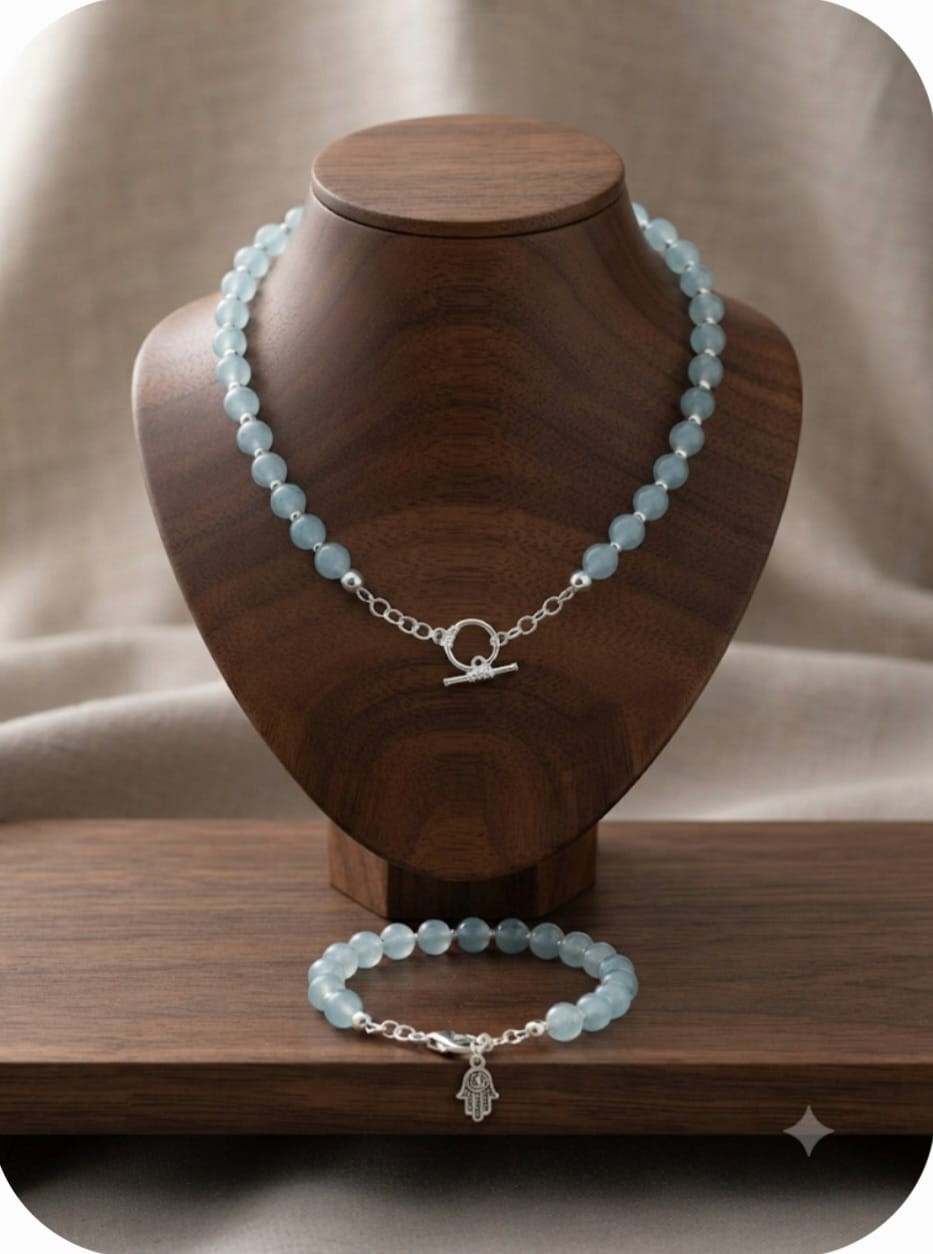 Light Blue Jade Bead Necklace and Bracelet Set Sterling Silver Hamsa Women Gift