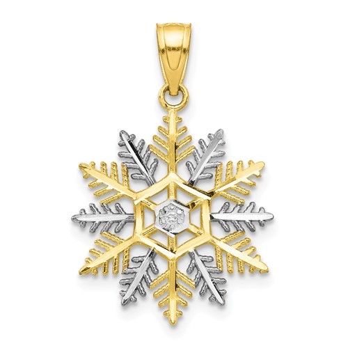 10K TWO TONE WHITE & YELLOW GOLD DIAMOND CUT SNOWFLAKE CHARM PENDANT