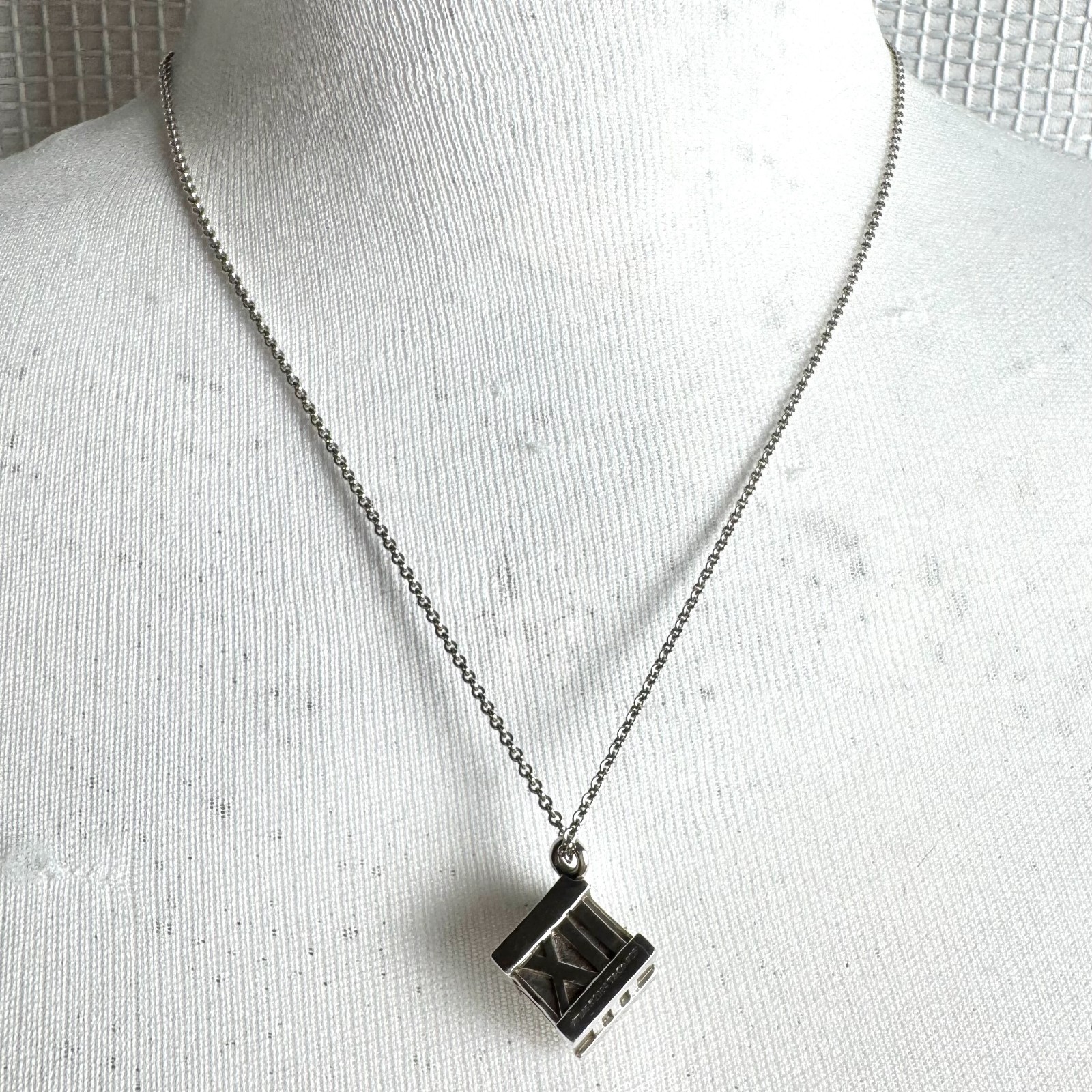 Tiffany & Co Atlas Cube Necklace Italy Sterling Silver Pendant Pouch 20g Rare