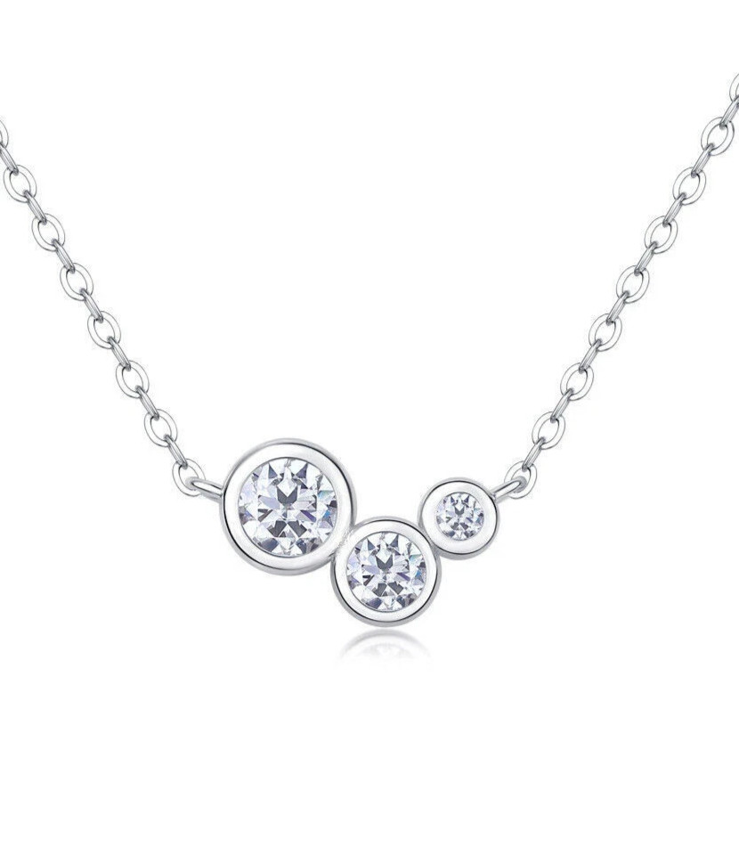 3 Stone Necklace 2/7 Ct Round Moissanite 14K White Gold Plated Free Chain