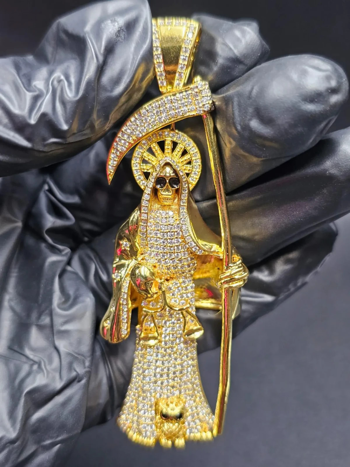 3Ct Round Cut Moissanite Grim Reaper Santa Muerte Pendant 14K Yellow Gold Plated