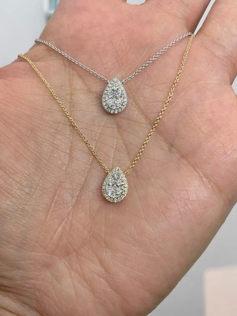 Real Moissanite 1Ct Round Cut Teardrop Pendant 14K White Gold Plated Silver 18′