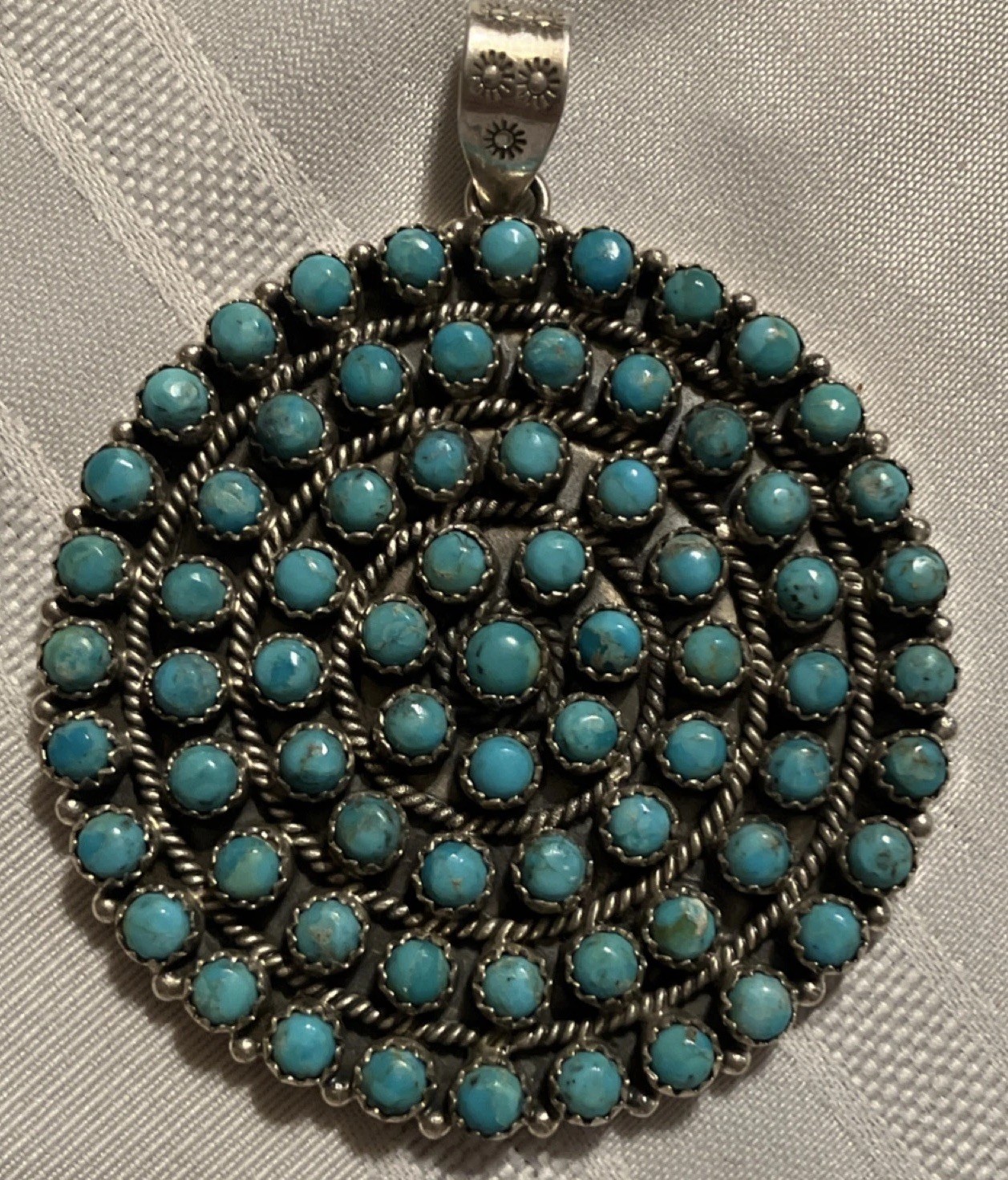 Kingman Turquoise Navajo Made Round Cluster Pendant 2.25″ 44g Sterling 925