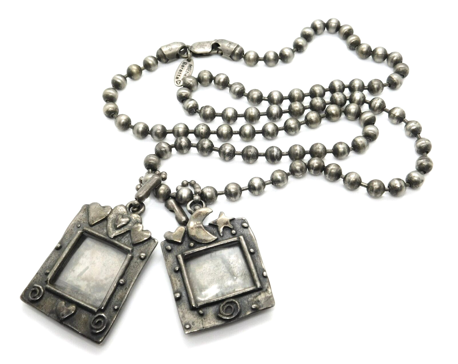 Michele Baratta 925 Sterling Wishing & Hearts Photo Frame Pendants Bead Necklace