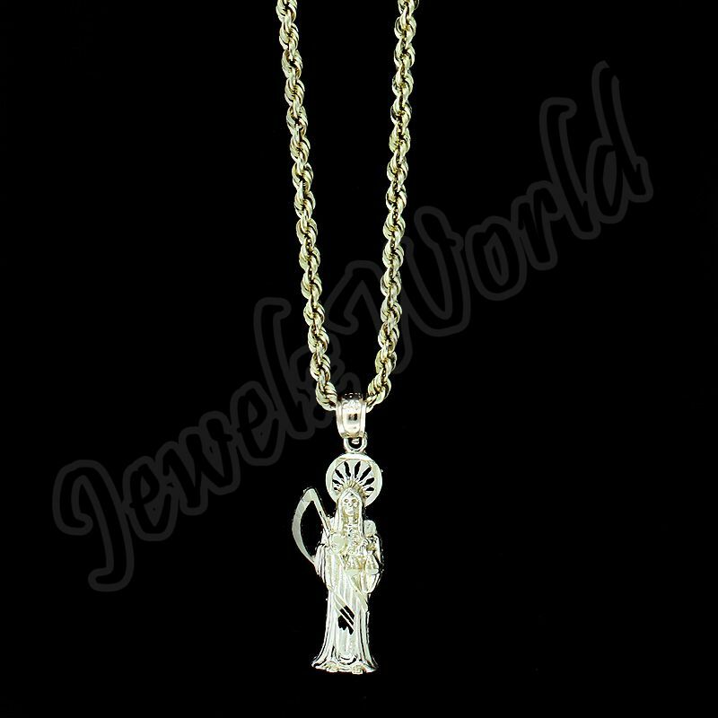 10K Yellow Gold Santa Muerte Grim Reaper Holy Death Pendant & 2.5mm Rope Chain