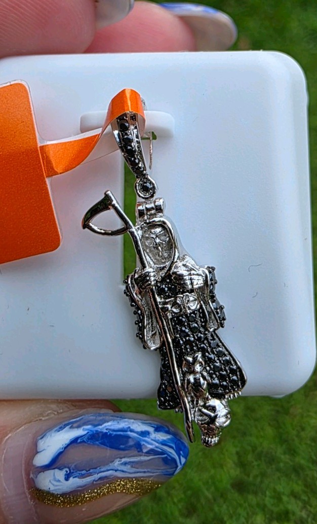 Sterling Silver 925 Signed Black Moissanite Grim Reaper Pendant 1.00 ctw