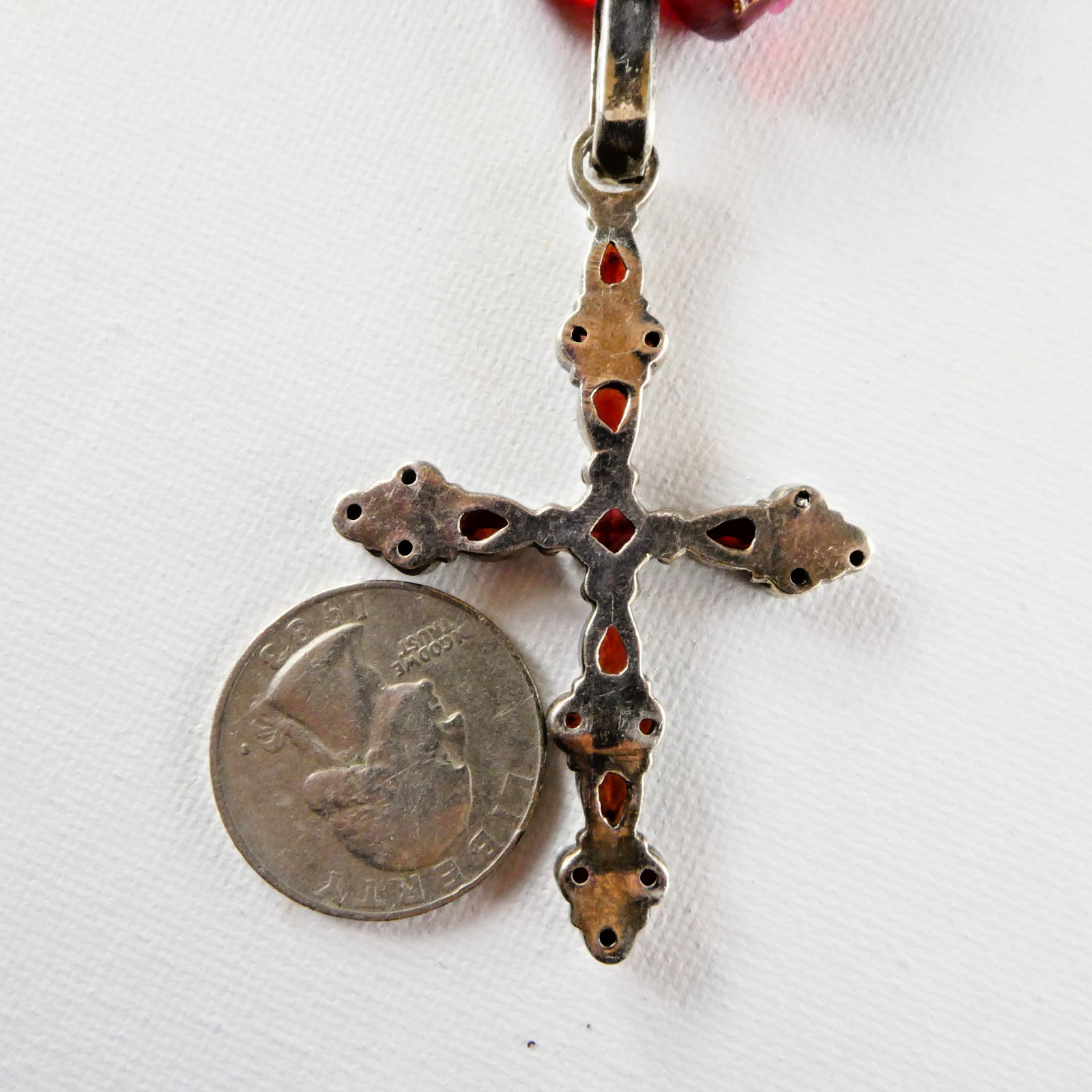 Sterling Silver Garnet Cross Pendant Necklace Red Glass Barrel Beads Crystals
