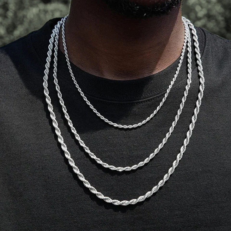 New Men’s Italian 4mm Diamond Cut Rope Chain Solid 925 Sterling Silver Necklace