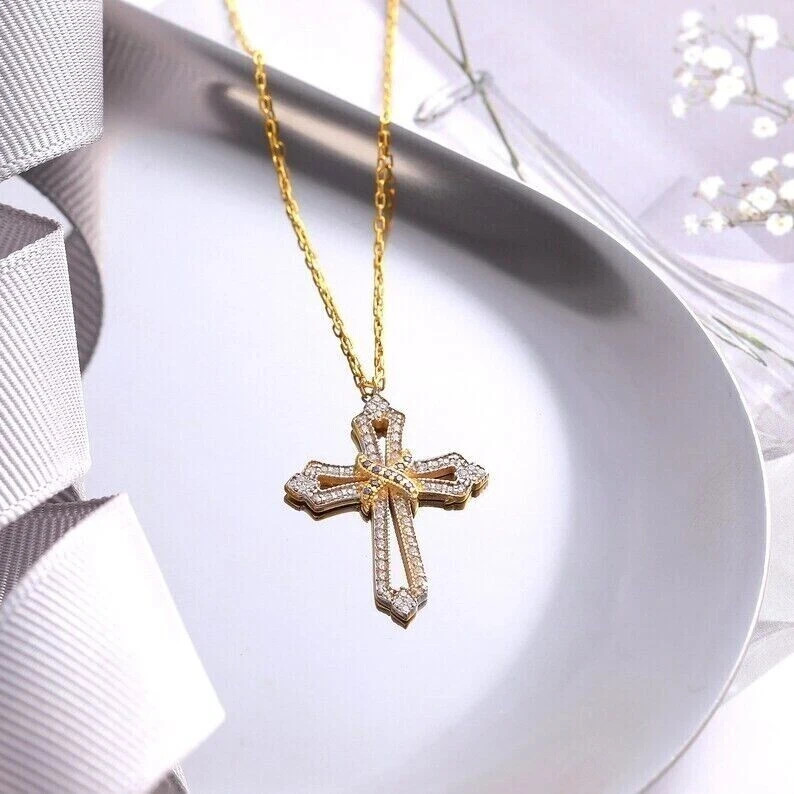 Sterling Silver Gold Finished Religious Two-Tone Diamond Cross Pendant Necklace