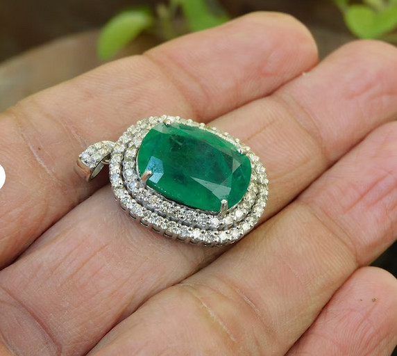 Features Lab-Created 10.01CT Green Emerald & White Diamonds Double Halo Pendant