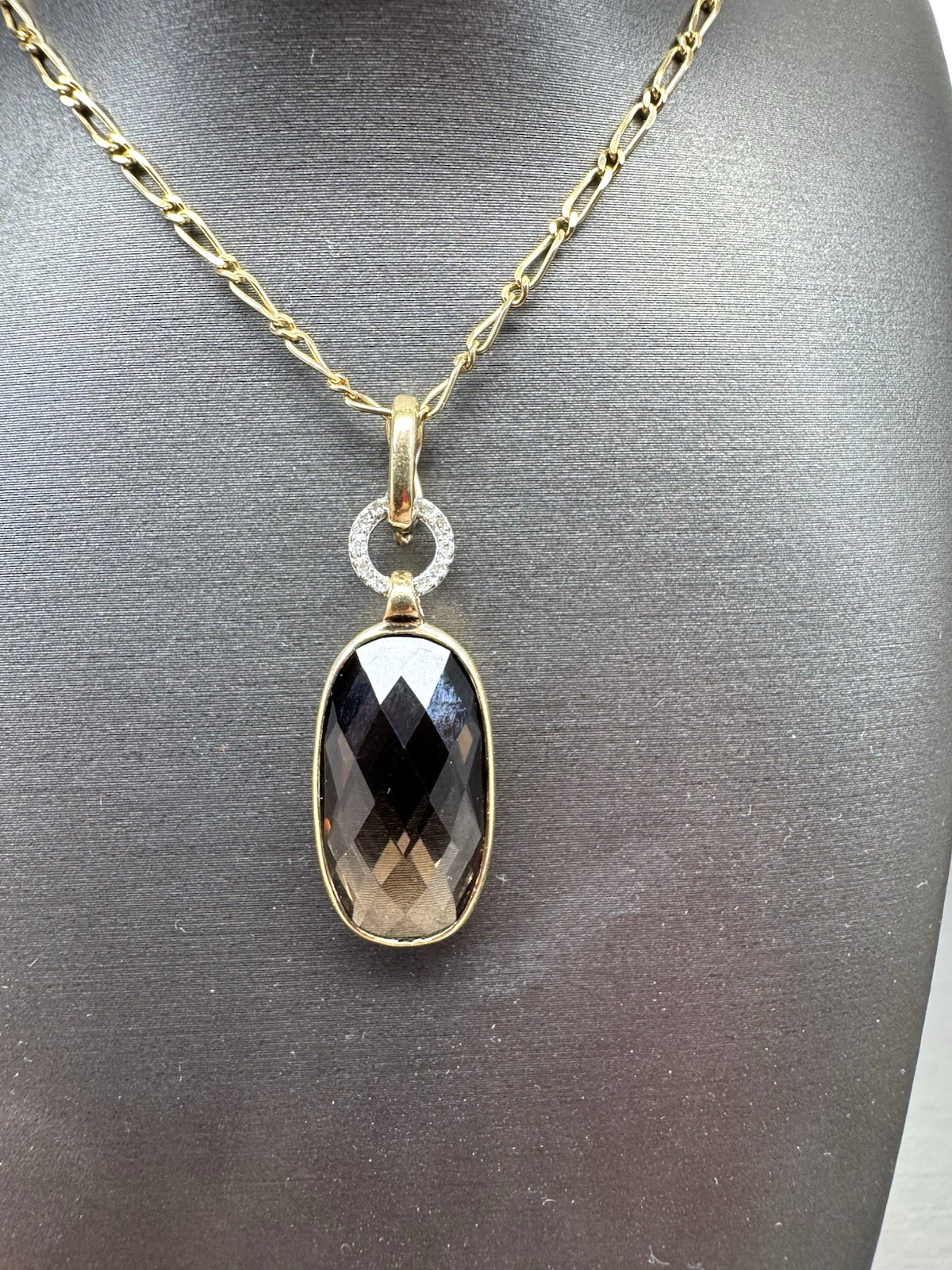 9ct Yellow Gold 70cm Chain with 9ct Yellow Gold Smokey Quartz & Diamond Necklace